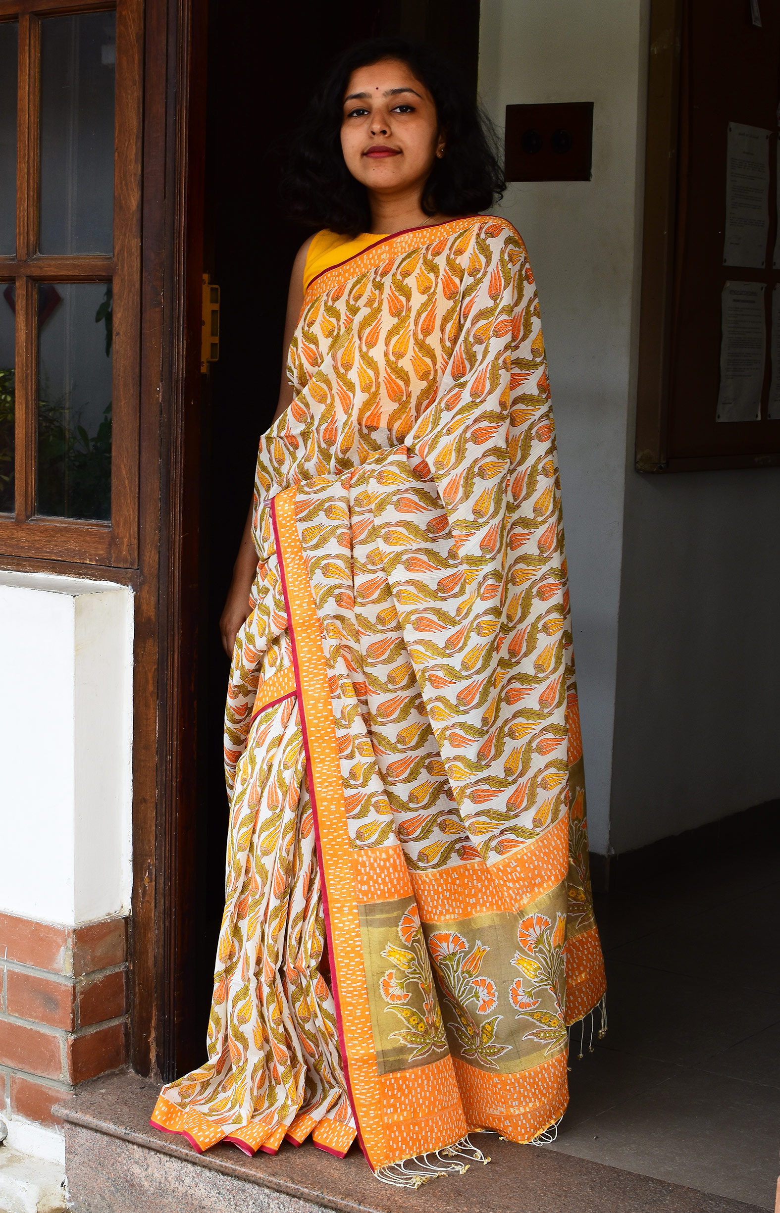 Off-White,Orange & Green,  Handwoven Organic Cotton, Textured Weave , Hand printed,  Hand dyed, Occasion Wear, Jari Saree